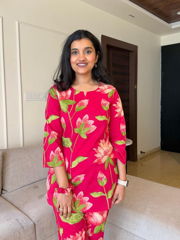 Cotton Lounge Set- Bright Pink Florals