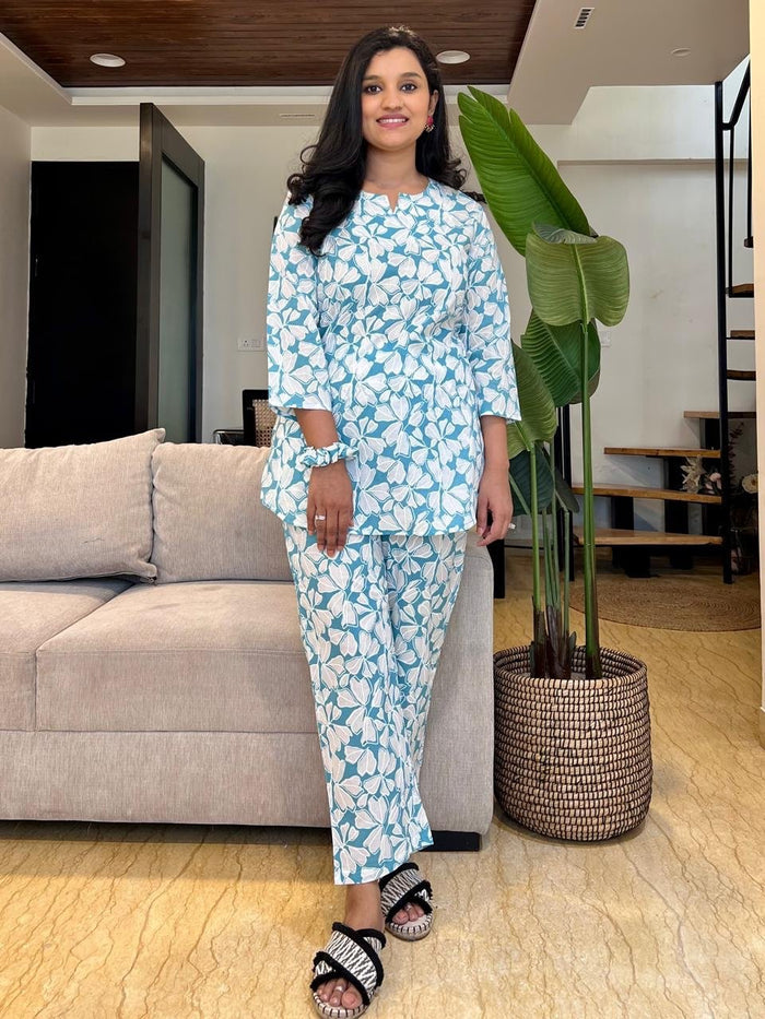 Cotton Lounge Set- Light Blue Leaves
