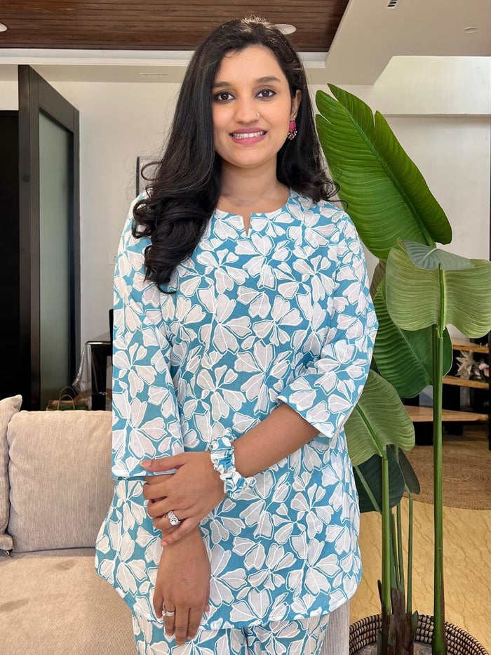 Cotton Lounge Set- Light Blue Leaves