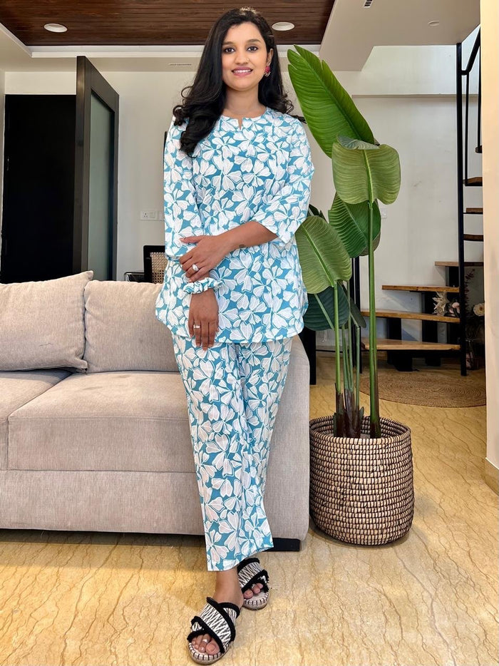 Cotton Lounge Set- Light Blue Leaves