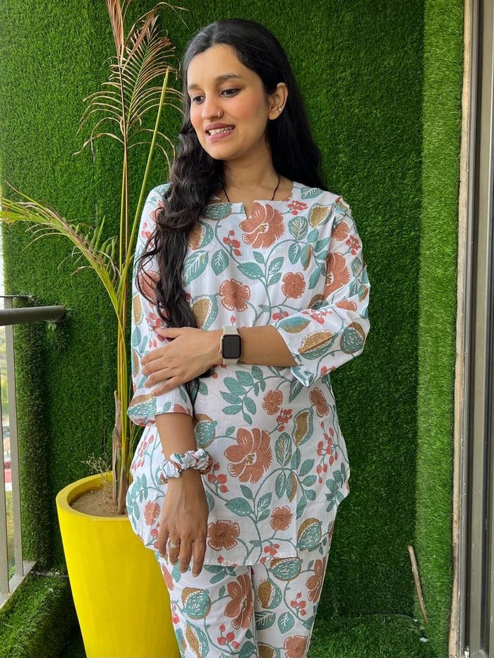 Cotton Lounge Set- White Big Floral