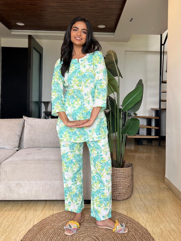Cotton Lounge Set- White Fresh Florals