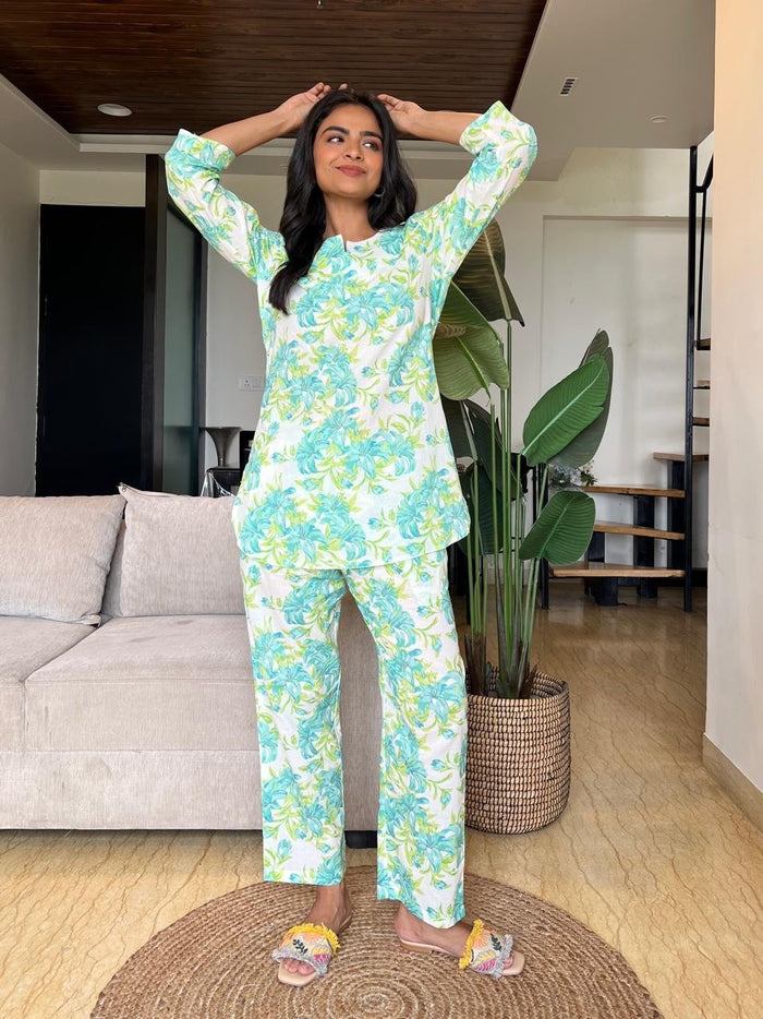 Cotton Lounge Set- White Fresh Florals