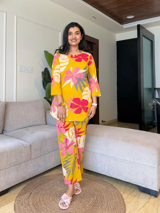 Cotton Lounge Set- Yellow Hibiscus