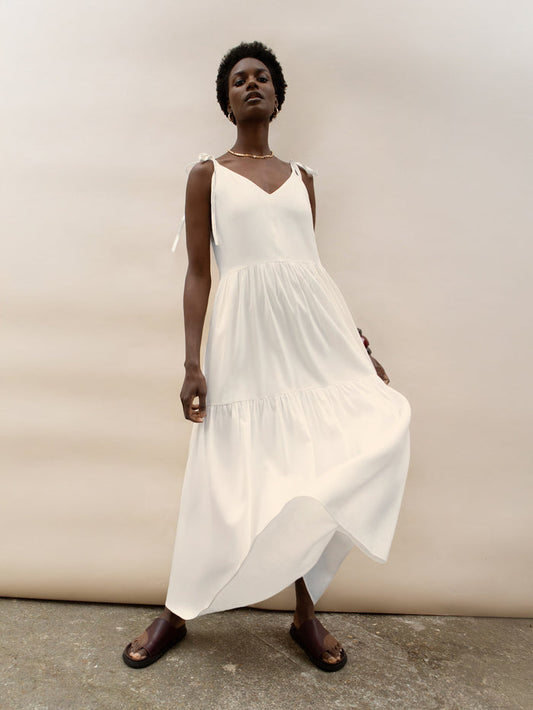 Cream Linen Tie Strap Dress