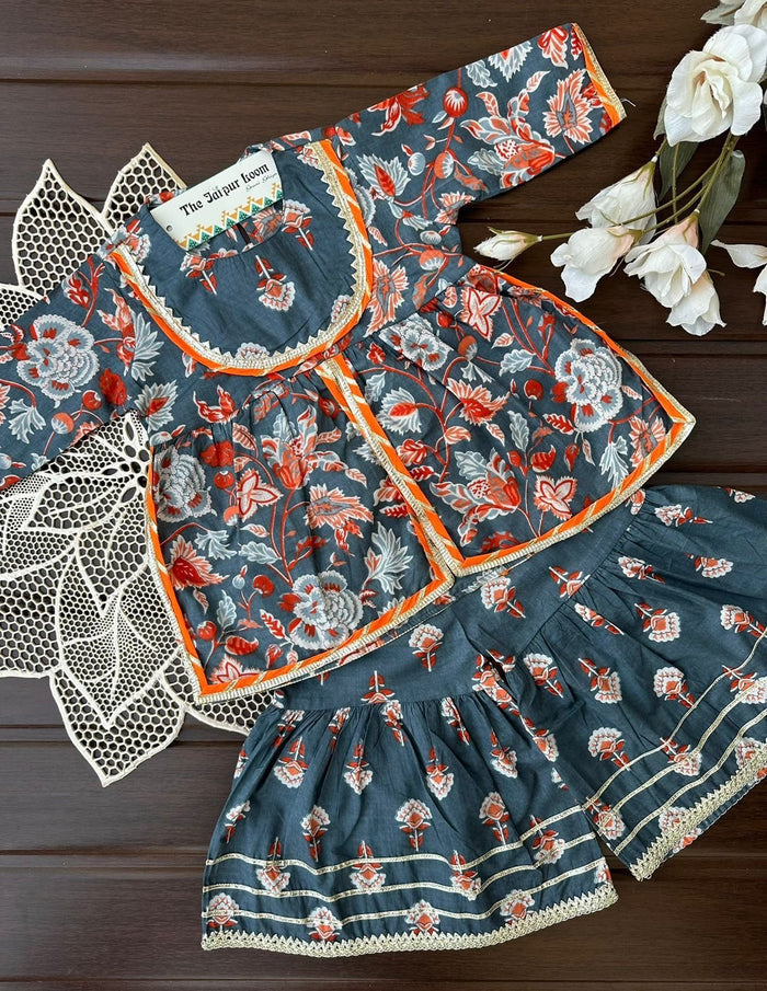 Dark Floral Front Slit Sharara Set