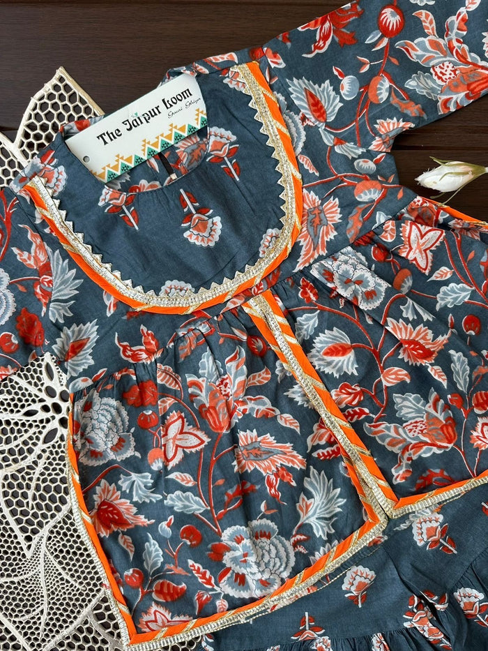 Dark Floral Front Slit Sharara Set
