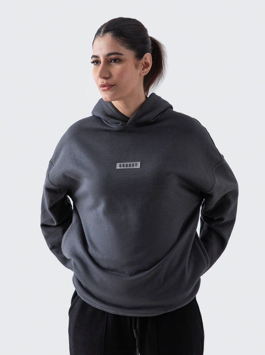 Dark grey oversized hoodie male model front view 330 GSM streetwear Pakistan – GROOVY