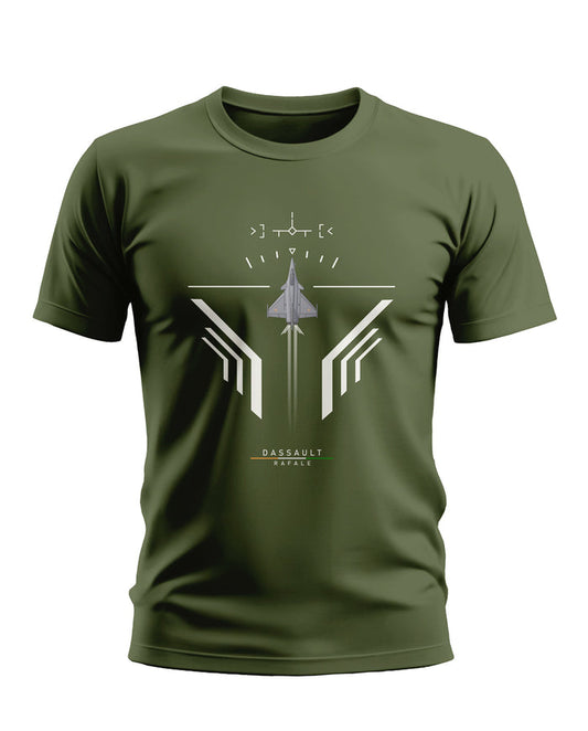 Olive green men's t-shirt with aircraft graphic and 'Dassault Rafale' text, front view