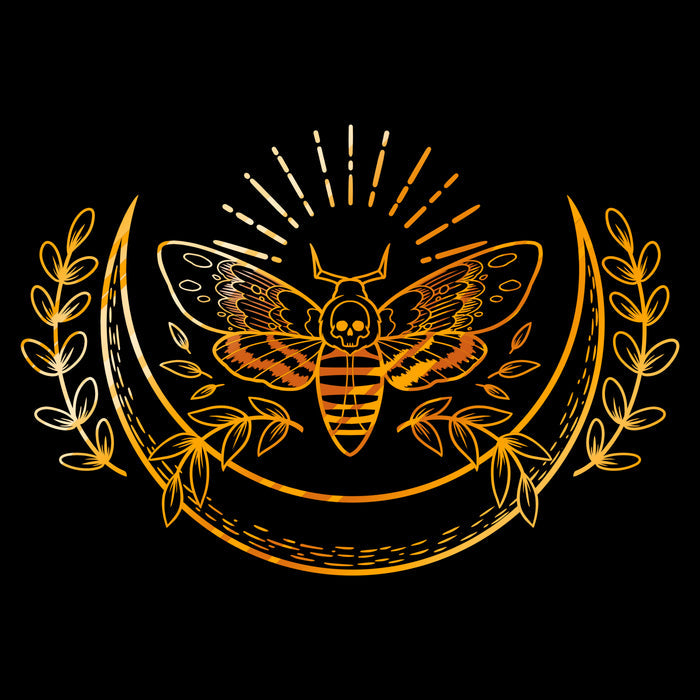 Premium Cotton T-shirt_TeeTurtle black Death Moth apparel featuring a gold ornate moth with a skull on its back surrounded by a crescent moon and laurel branches.