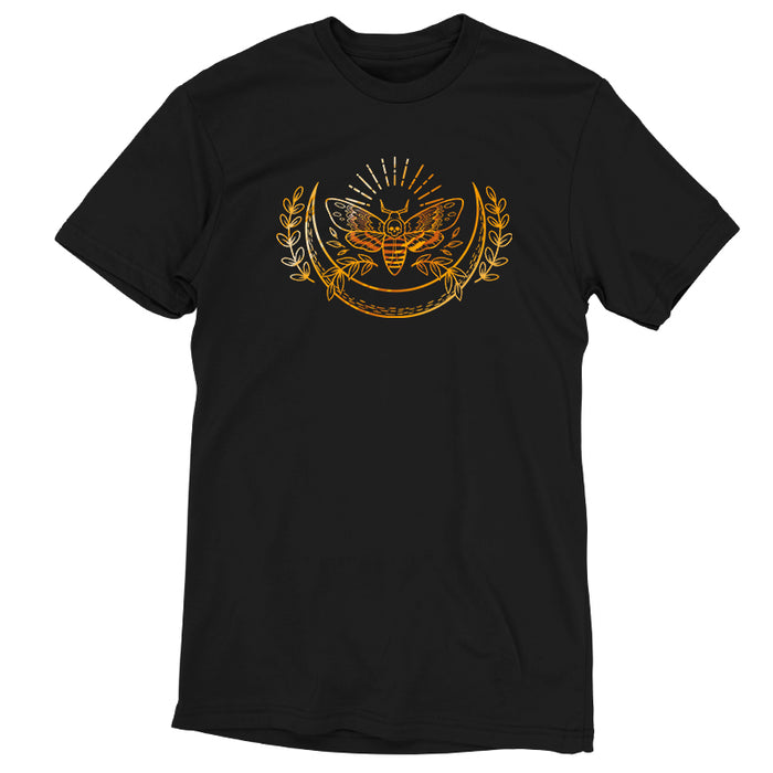 Premium Cotton T-shirt_TeeTurtle black Death Moth apparel featuring a gold ornate moth with a skull on its back surrounded by a crescent moon and laurel branches.