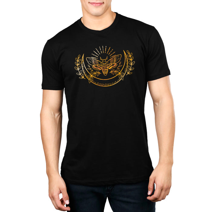Premium Cotton T-shirt_TeeTurtle black Death Moth apparel featuring a gold ornate moth with a skull on its back surrounded by a crescent moon and laurel branches.