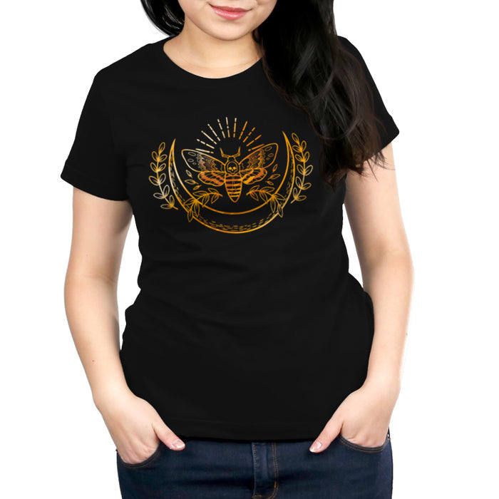 Premium Cotton T-shirt_TeeTurtle black Death Moth apparel featuring a gold ornate moth with a skull on its back surrounded by a crescent moon and laurel branches.