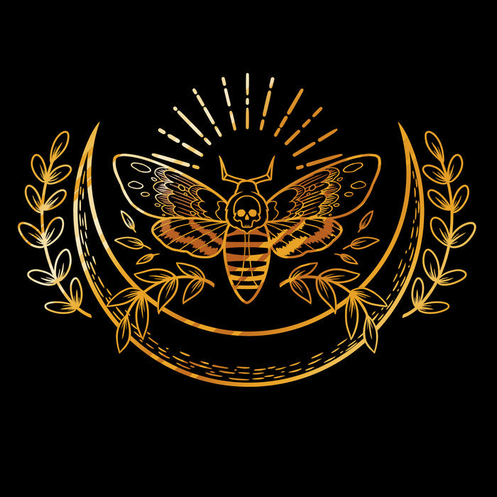 Classic Cotton T-shirt_TeeTurtle black Death Moth apparel featuring a gold ornate moth with a skull on its back surrounded by a crescent moon and laurel branches.