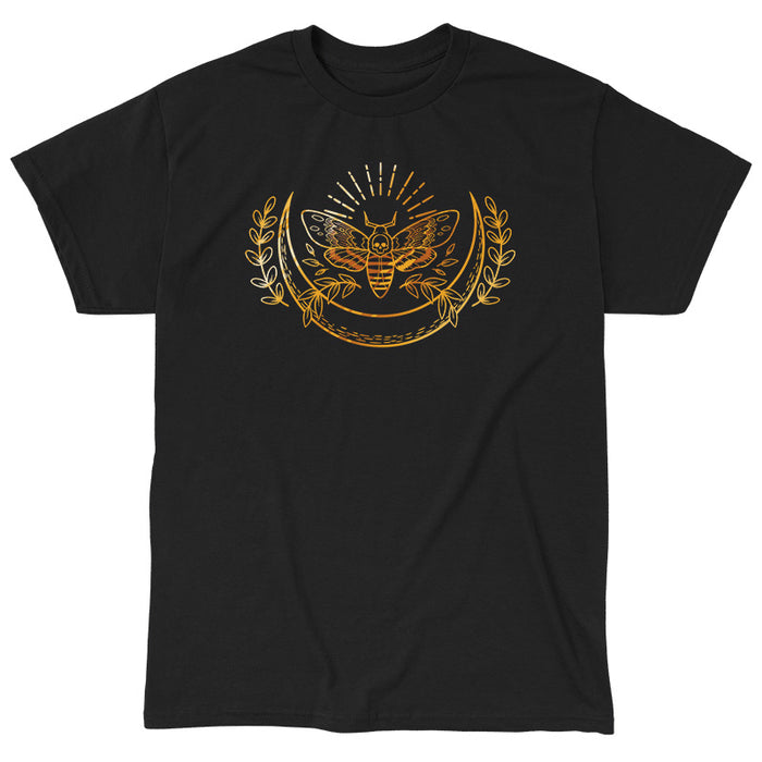 Classic Cotton T-shirt_TeeTurtle black Death Moth apparel featuring a gold ornate moth with a skull on its back surrounded by a crescent moon and laurel branches.