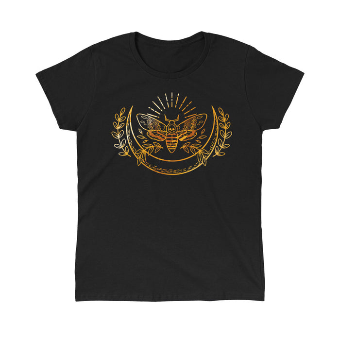 Classic Cotton T-shirt_TeeTurtle black Death Moth apparel featuring a gold ornate moth with a skull on its back surrounded by a crescent moon and laurel branches.