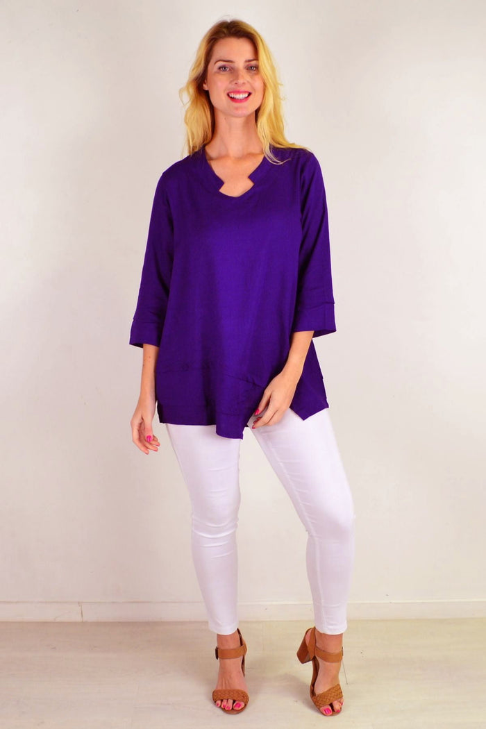 Deep purple linen cotton tunic top by Ruby Rain featuring a relaxed fit and stylish v-neck design.