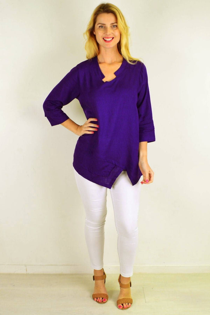 Deep purple linen cotton tunic top by Ruby Rain featuring a relaxed fit and lightweight fabric, ideal for casual wear.