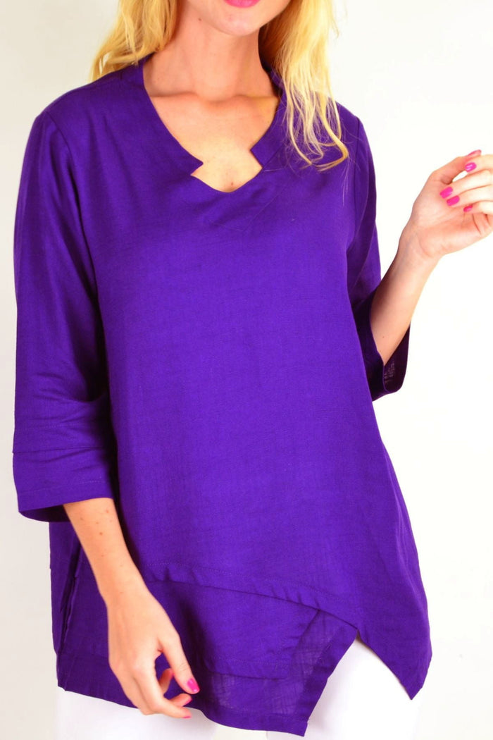Deep purple linen and cotton tunic top by Ruby Rain with a relaxed fit and lightweight, breathable fabric.