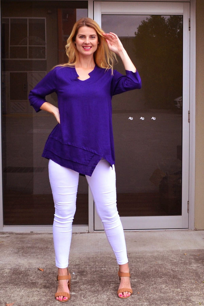 Deep purple linen cotton tunic top by Ruby Rain featuring a relaxed fit and lightweight, breathable fabric.