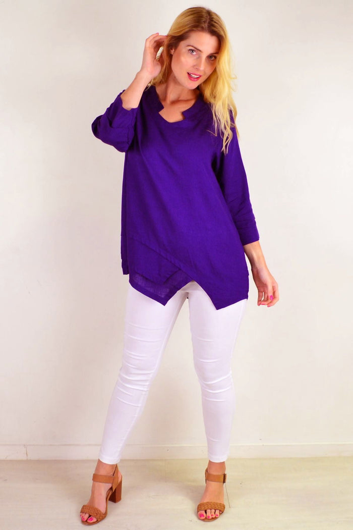 Deep purple linen cotton tunic top by Ruby Rain, showing a stylish, relaxed fit with long sleeves and a round neckline.