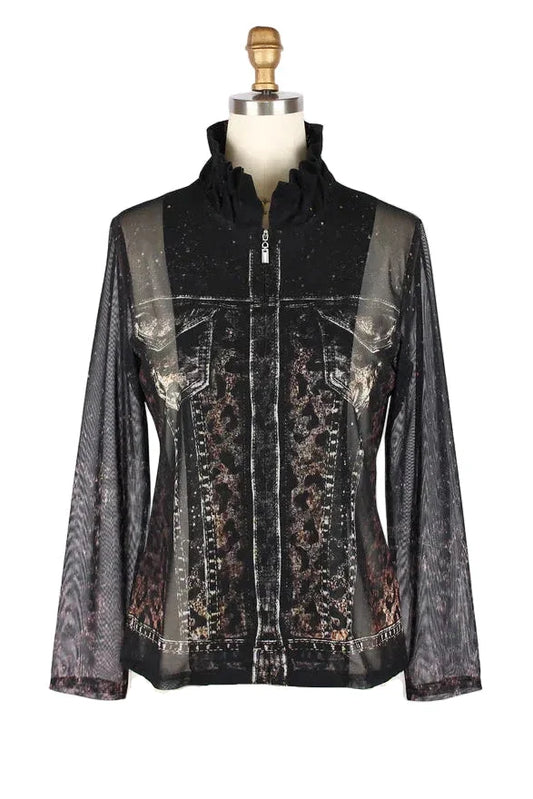 Denim & Animal Print Mesh Jacket & Knit Shell Twin Set - 31445
