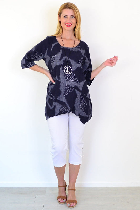Denim Forest linen blend tunic top by Ruby Rain featuring a relaxed fit, long sleeves, and a stylish casual design.