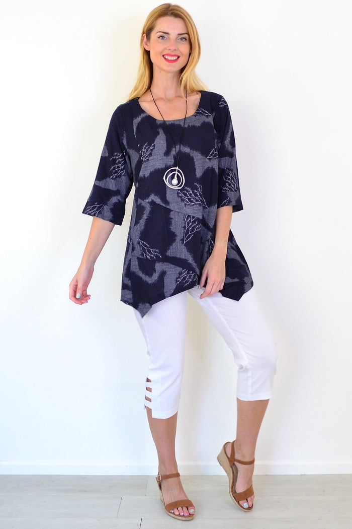 Denim Forest Linen Blend Tunic Top by Ruby Rain, shown hanging with a relaxed fit and natural linen texture.