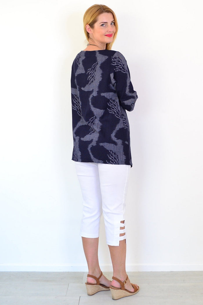 Denim Forest linen blend tunic top by Ruby Rain, shown in a relaxed fit with long sleeves and a casual, earthy style.