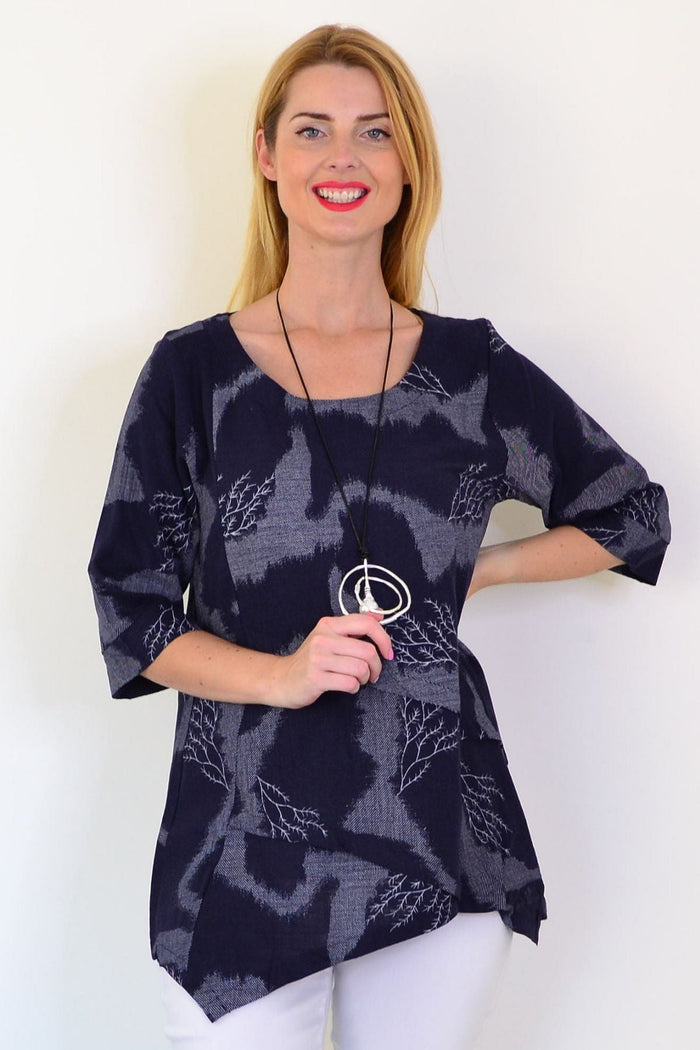 Denim Forest linen blend tunic top by Ruby Rain, featuring a relaxed fit with long sleeves and a casual, earthy style.