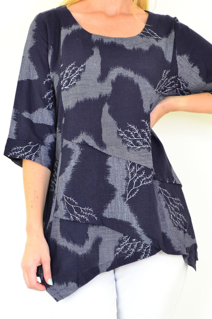 Denim Forest linen blend tunic top by Ruby Rain featuring a relaxed fit, long sleeves, and a casual, earthy style.