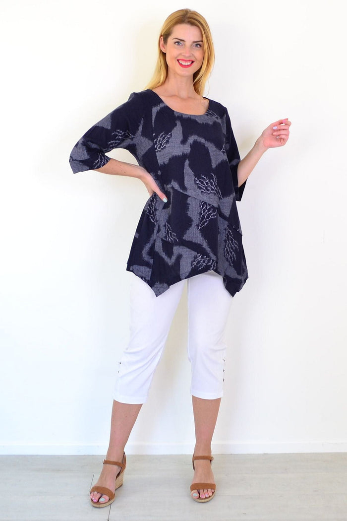 Denim Forest Linen Blend Tunic Top by Ruby Rain, featuring a relaxed fit with long sleeves and a casual, stylish design.