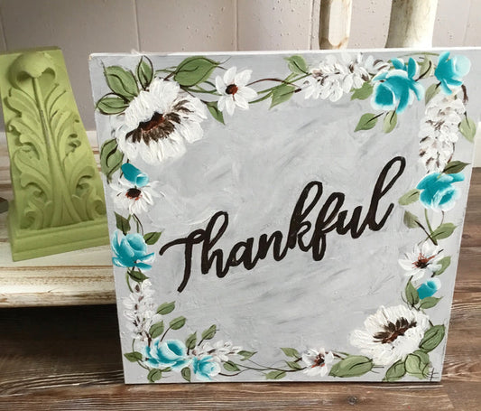 DIY Home Decor - “Thankful” floral art, Teal/light gray