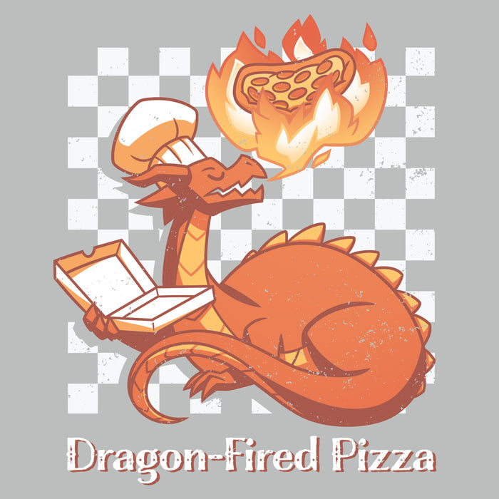 Premium Cotton T-shirt_TeeTurtle Dragon-Fired Pizza silver gray t-shirt featuring a dragon wearing a chef's hat, breathing extra hot fire onto a pizza while holding an open pizza box. Text at the bottom reads "Dragon-Fired Pizza."