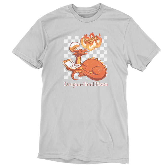 Premium Cotton T-shirt_TeeTurtle Dragon-Fired Pizza silver gray t-shirt featuring a dragon wearing a chef's hat, breathing extra hot fire onto a pizza while holding an open pizza box. Text at the bottom reads "Dragon-Fired Pizza."