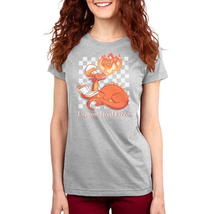 Premium Cotton T-shirt_TeeTurtle Dragon-Fired Pizza silver gray t-shirt featuring a dragon wearing a chef's hat, breathing extra hot fire onto a pizza while holding an open pizza box. Text at the bottom reads "Dragon-Fired Pizza."