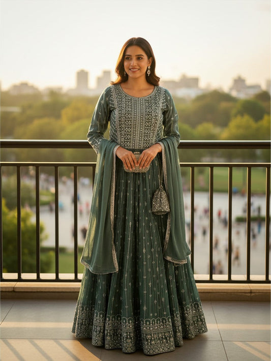 Kurti Connection USA long chiffon silk gown in deep green with intricate silver embroidery and matching dupatta