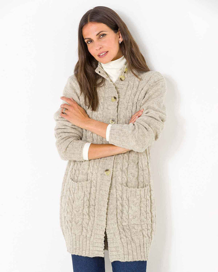 Elsie Longline Pure Shetland Wool Cable Cardigan - Oatmeal - Image 1 - The Classic Boutique