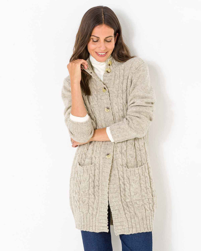 Elsie Longline Pure Shetland Wool Cable Cardigan - Oatmeal - Image 2 - The Classic Boutique