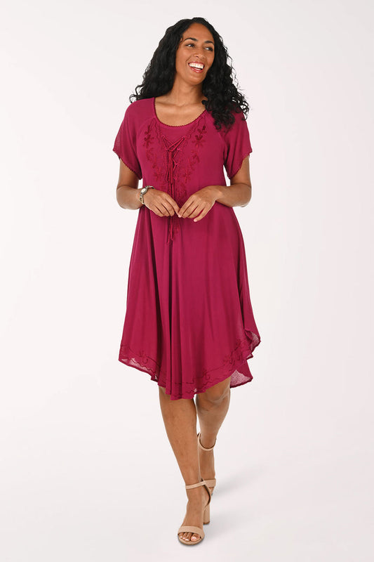 Embroidered Lace-Up Neck Short Sleeve Dress