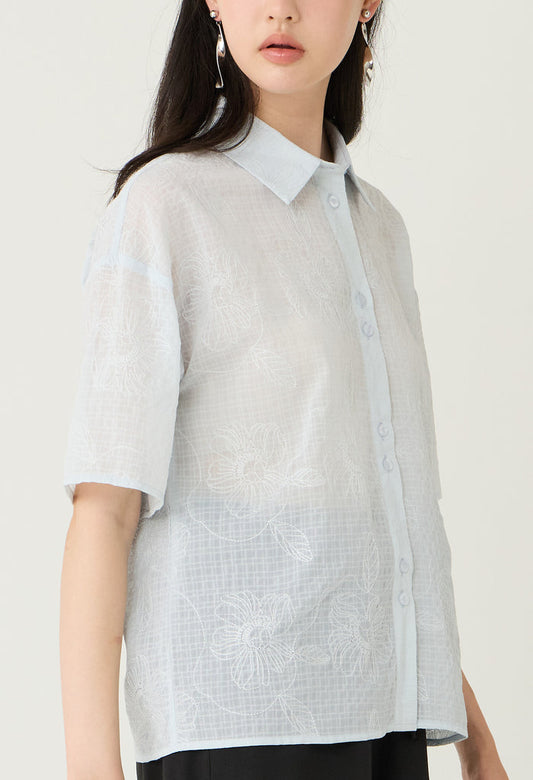 Embroidered Sheer Collared Blouse