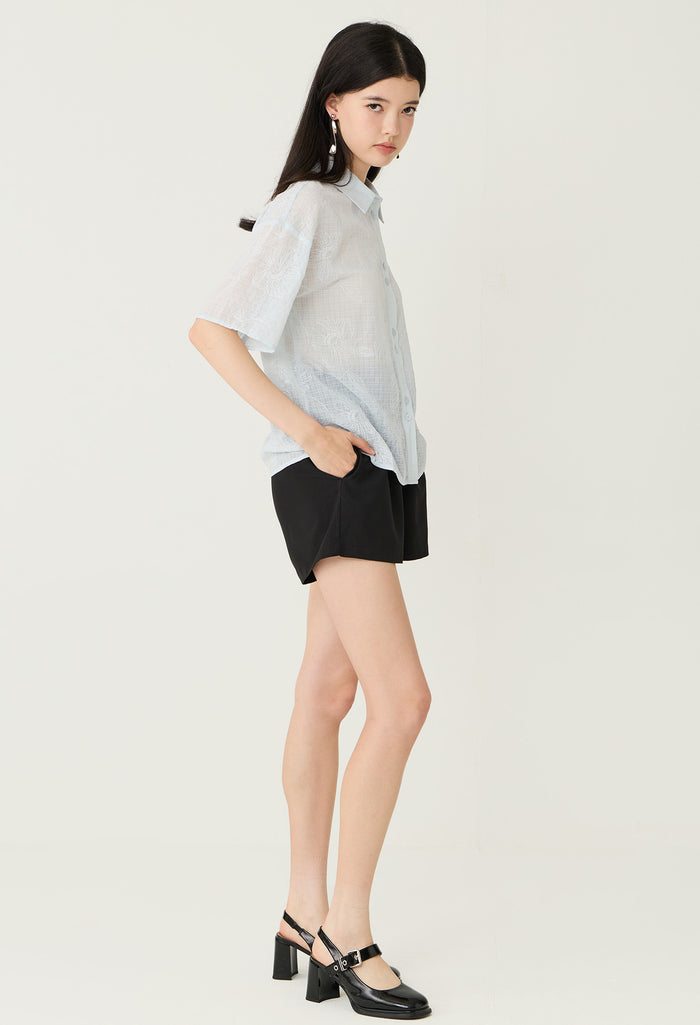 Embroidered Sheer Collared Blouse