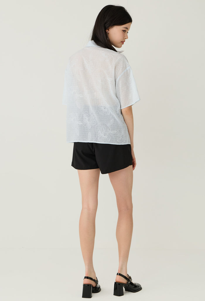 Embroidered Sheer Collared Blouse