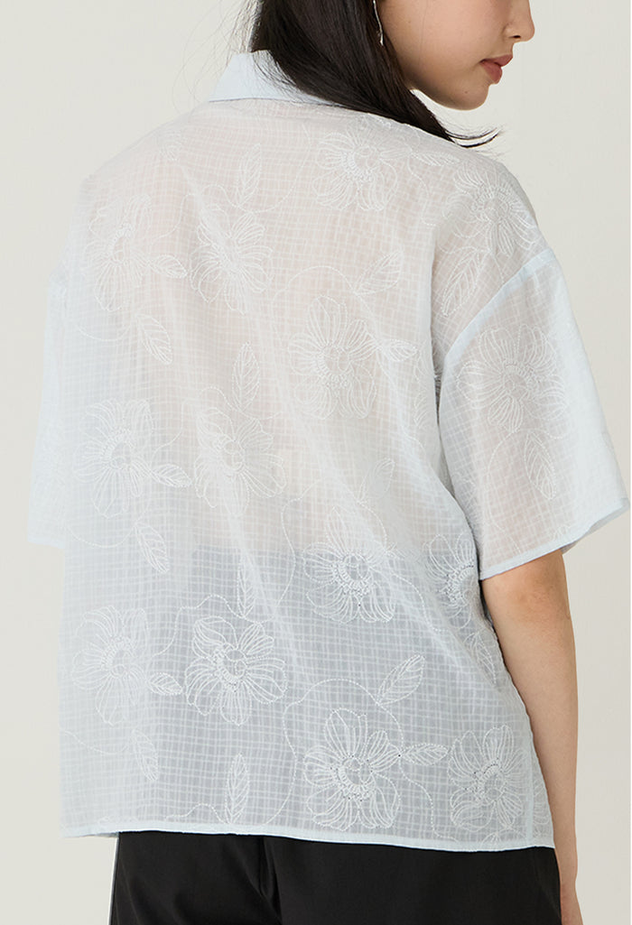 Embroidered Sheer Collared Blouse