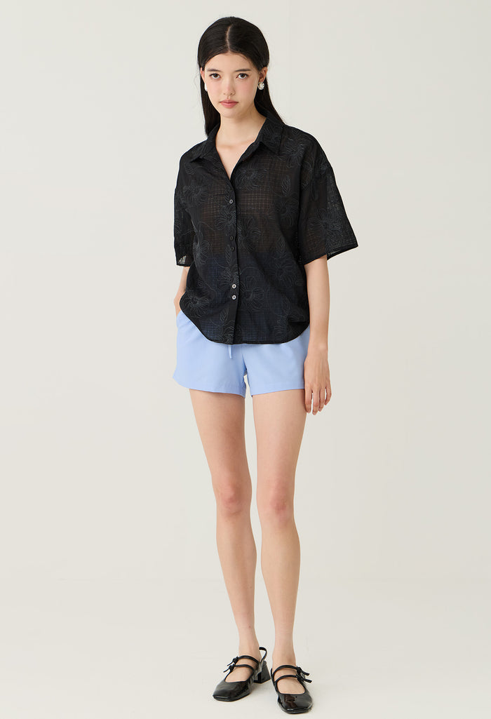 Embroidered Sheer Collared Blouse