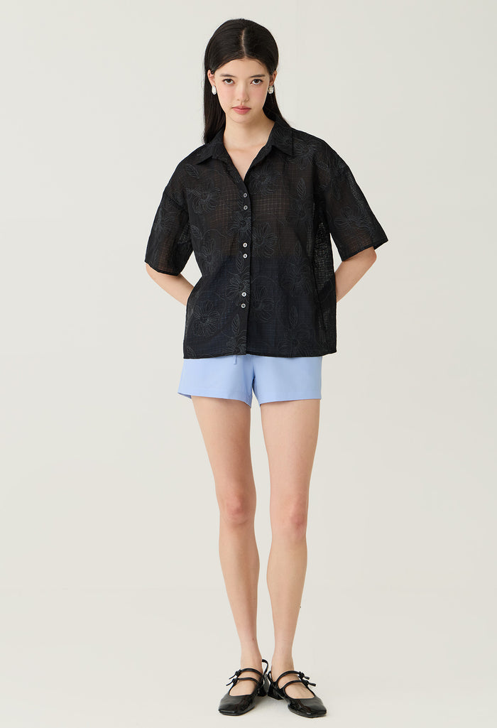 Embroidered Sheer Collared Blouse