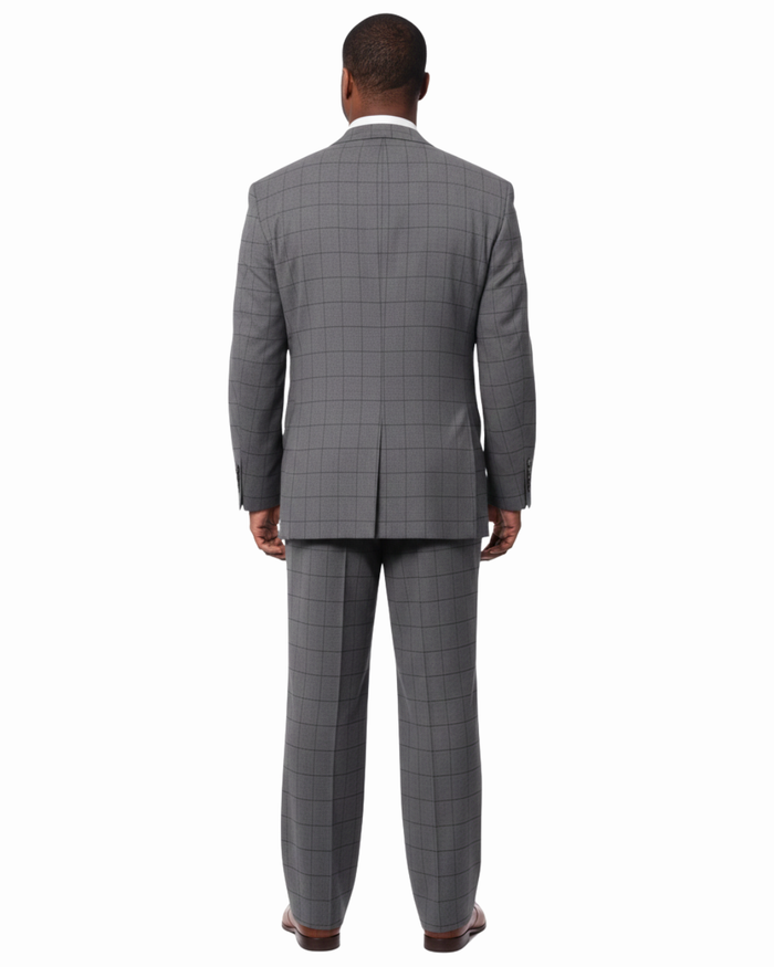 Extrema Mens Gray Check Wool Blend 3 Piece Vested Regular Fit Suit - The Suit Depot