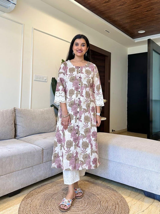 Fancy A-line Kurta- Pastel Phool