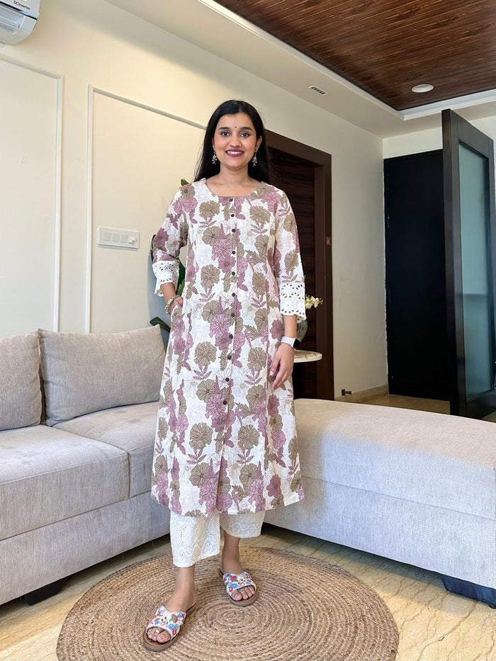 Fancy A-line Kurta- Pastel Phool
