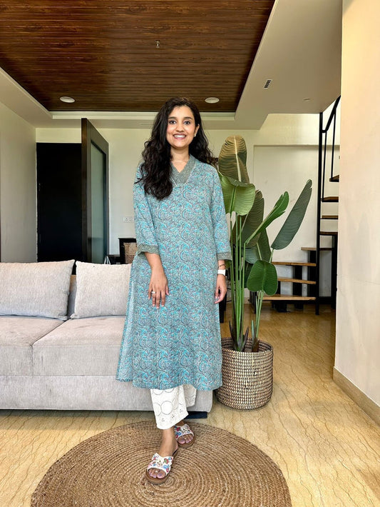 Fancy V-Neck Cotton Kurti- Pastel Green